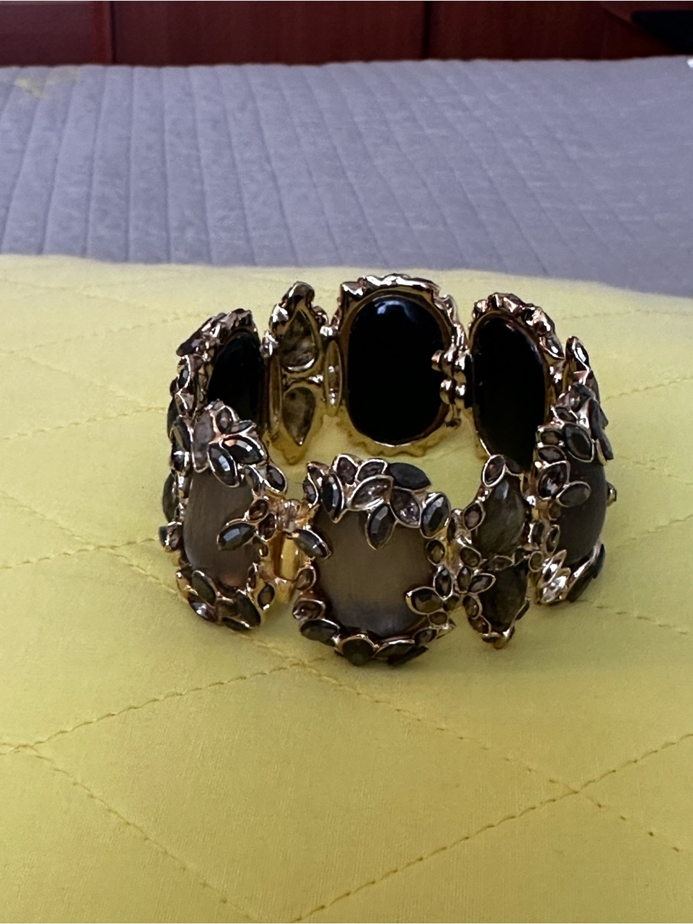 Alexis Bittar Hand Carved Lucite Crystal Station Hinged Cuff Bracelet Gold Tone